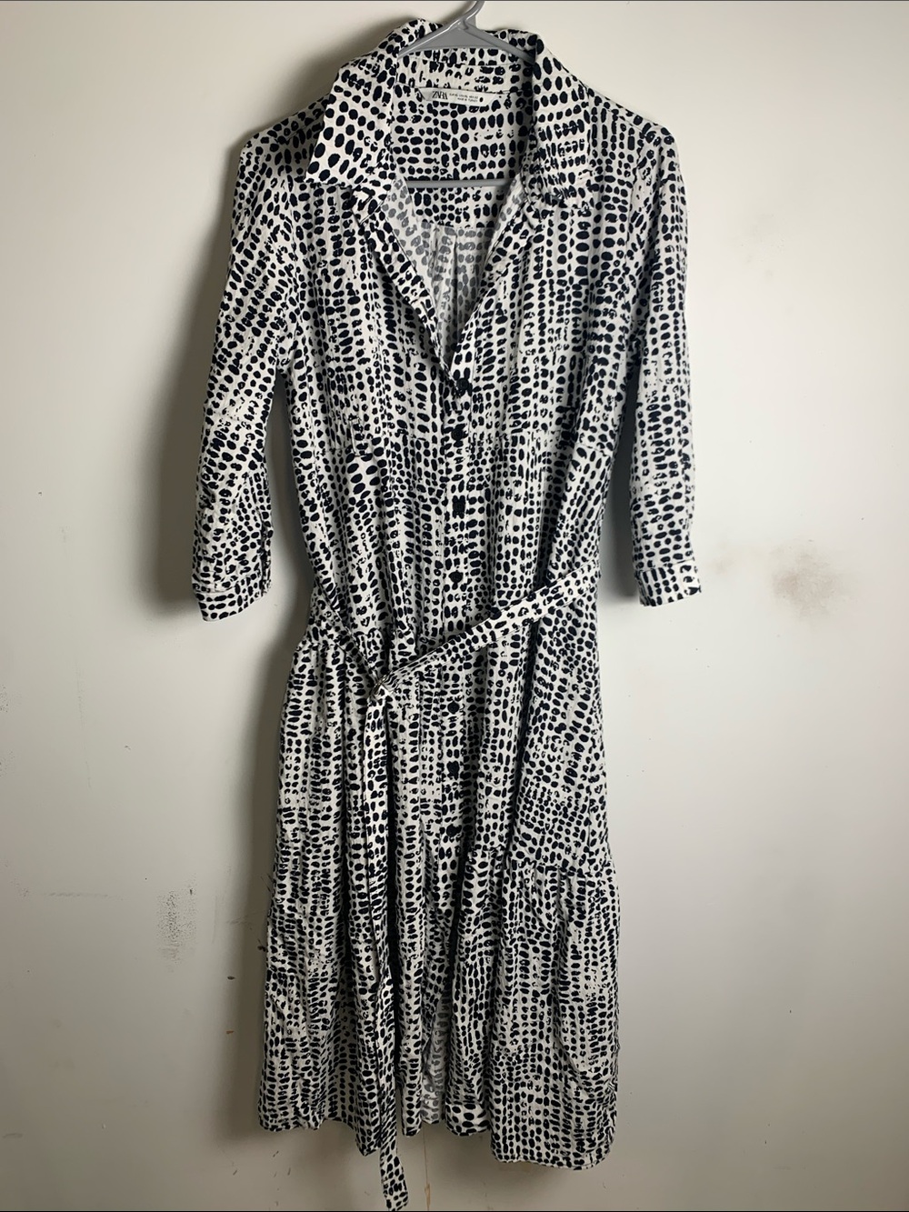 Zara Black and White Printed Midi Shirt Dress